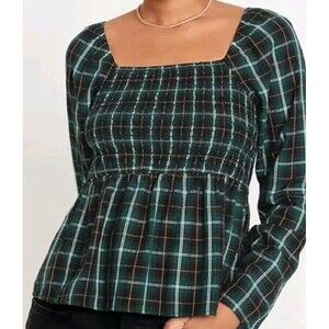 NWT OLD NAVY Tartan Green Smocked Seersucker Top L 12-14